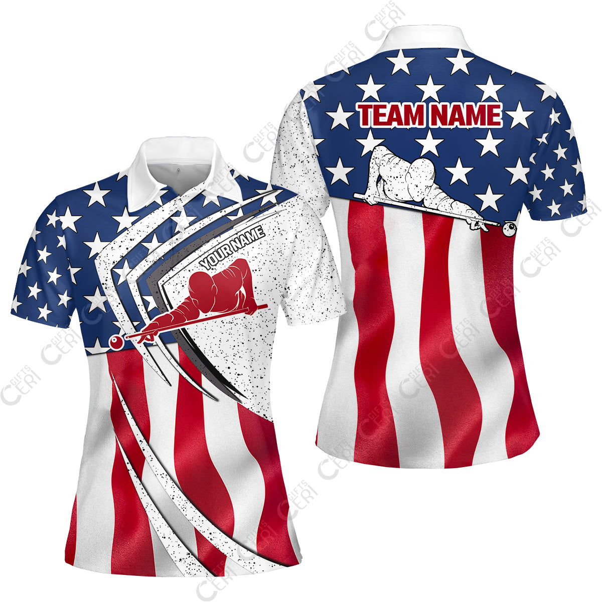 Customized Billiards Women Polo Shirt, Billiards Player Silhouette With American Flag, Billiards Jerseys