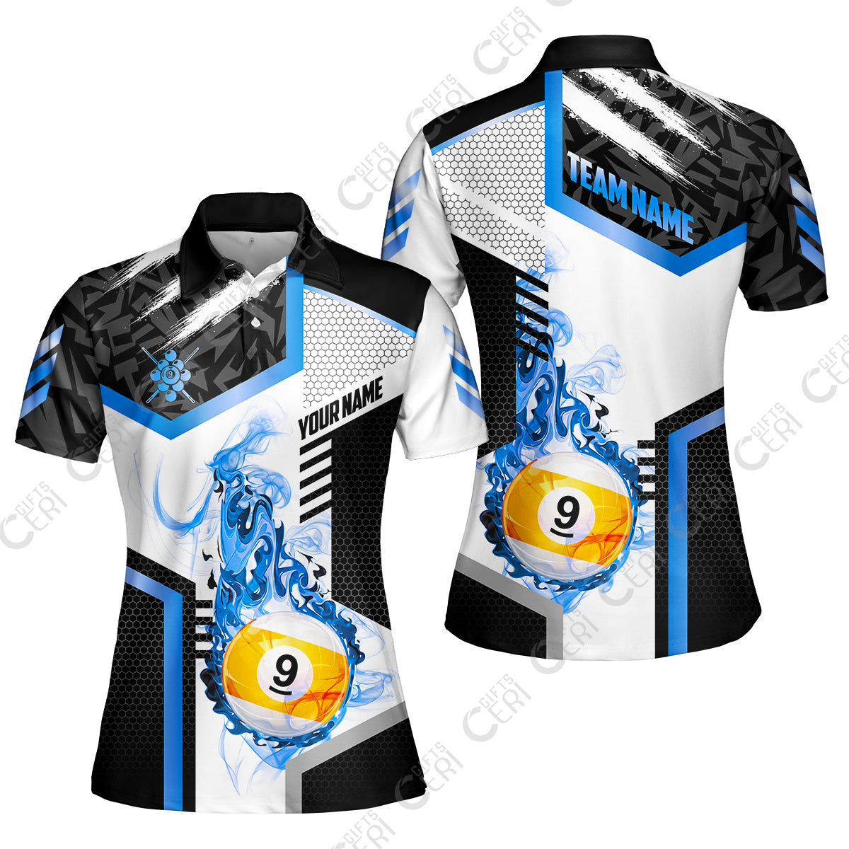 Customized 9 Ball Pool Women Polo Shirt, Flaming 9-Ball Graphic, Billiards Jersey