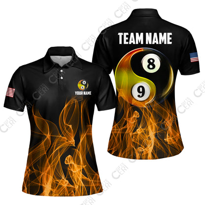 Customized Billiard Women Polo Shirt, Billiard 8-Ball And 9-Ball Yin-Yang Flame, Billiard Jerseys