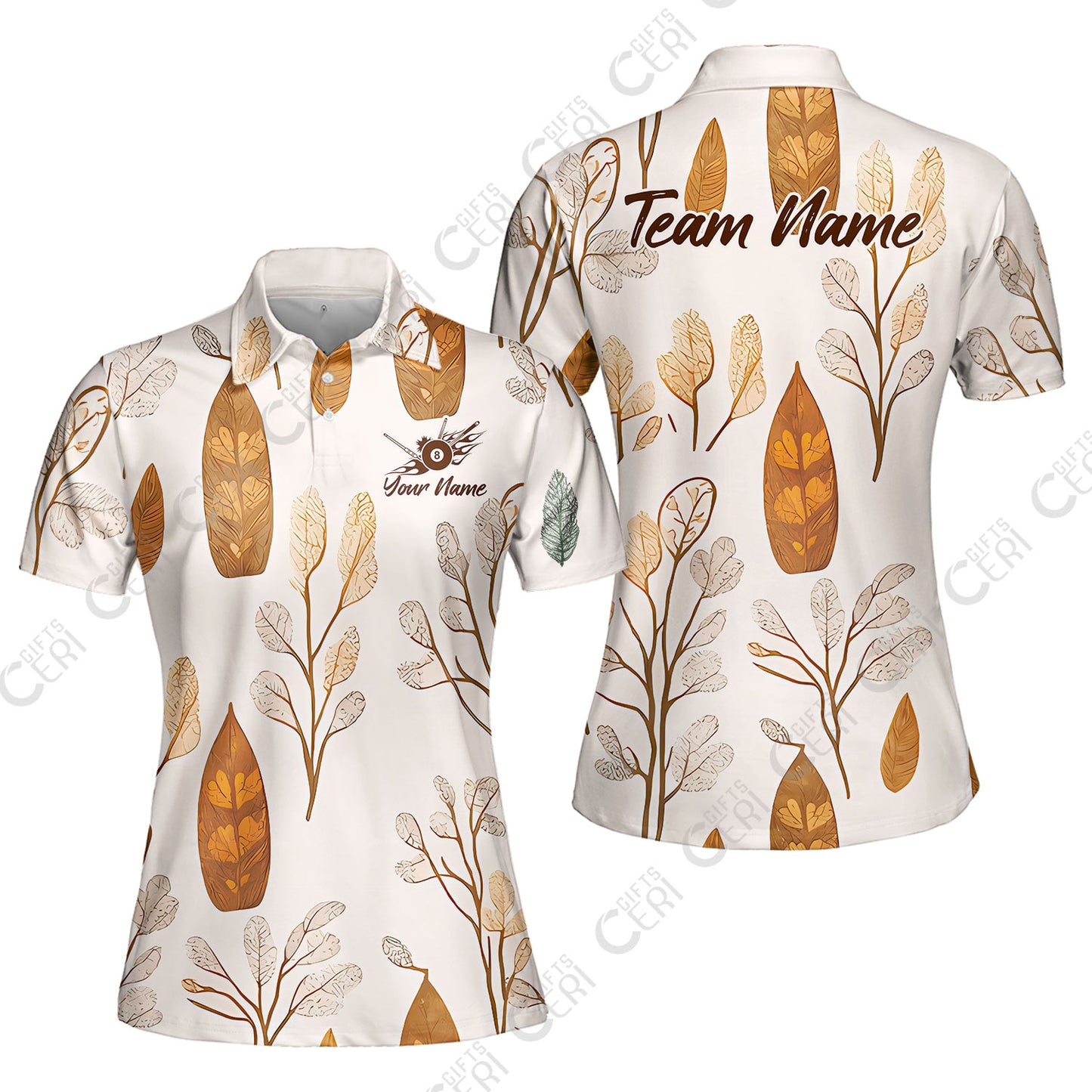 Customized 8 Ball Pool Women Polo Shirt, Leaves Pattern Billiard 8-Ball, Personalized Billiards Jersey
