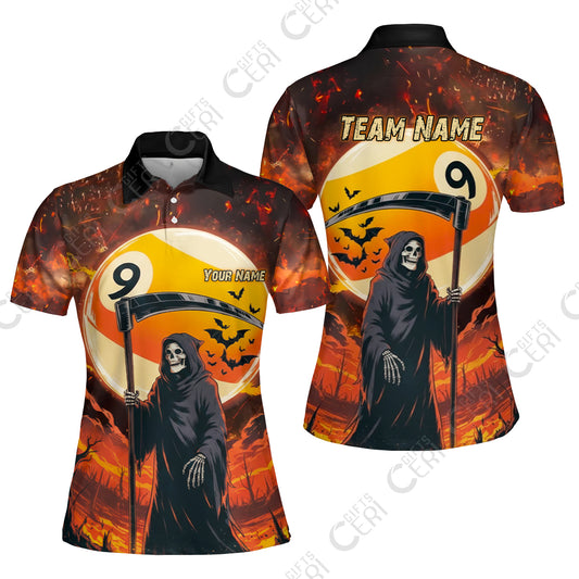 Customized Billiards Women Polo Shirt, Halloween Grim Reaper Death Shot 9 Ball Jersey Gift For Billiard Players