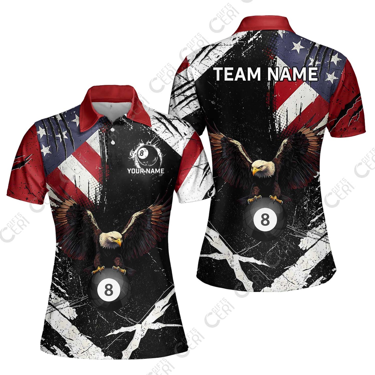 Customized 8 Ball Pool Women Polo Shirt, Eagle Billiard American Flag 8-ball, Personalized Billiards Jersey