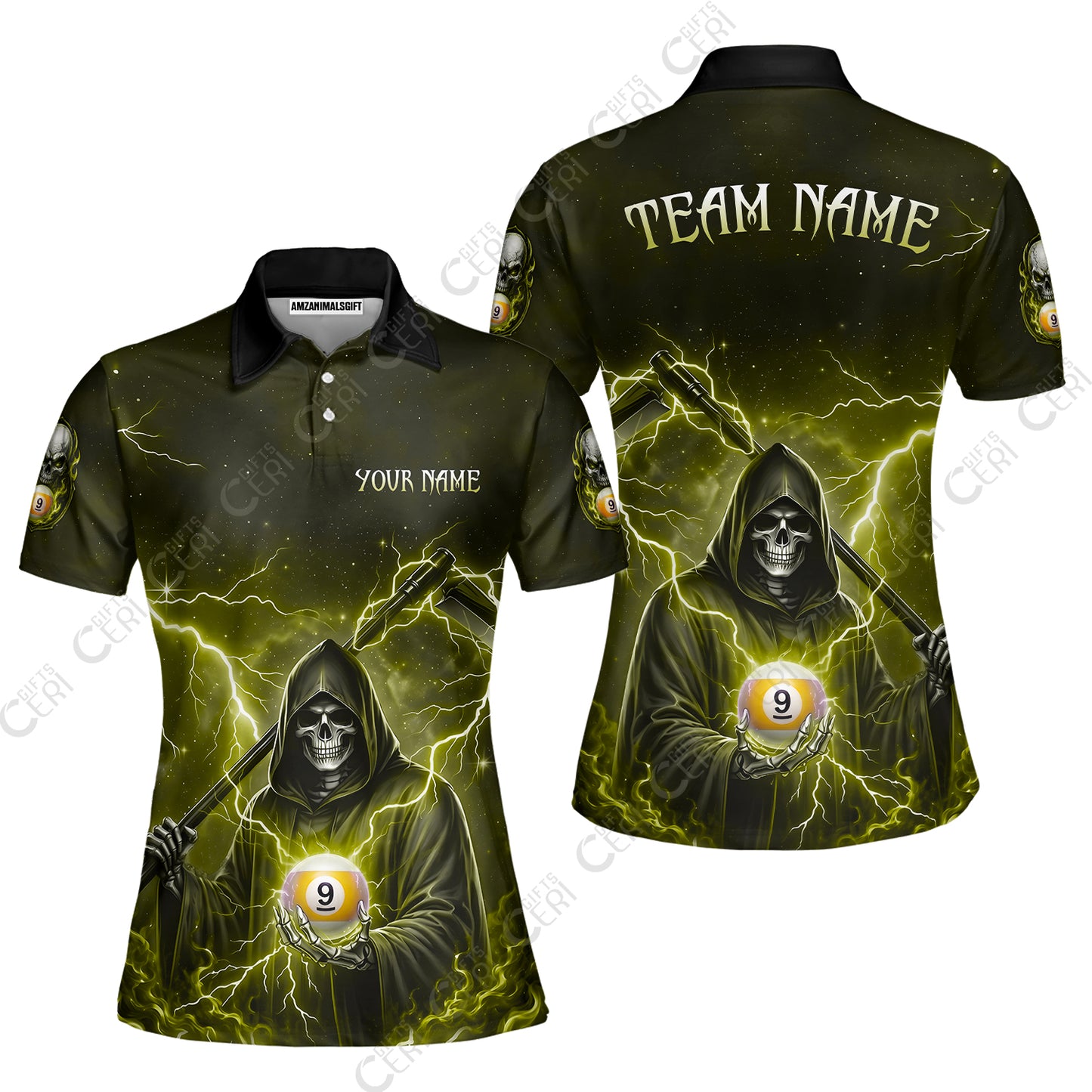 Customized 9 Ball Pool Women Polo Shirt, Lightning And Flame Grim Reaper With 9 Ball, Personalized Billiards Jersey