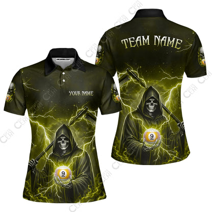 Customized 9 Ball Pool Women Polo Shirt, Lightning And Flame Grim Reaper With 9 Ball, Personalized Billiards Jersey