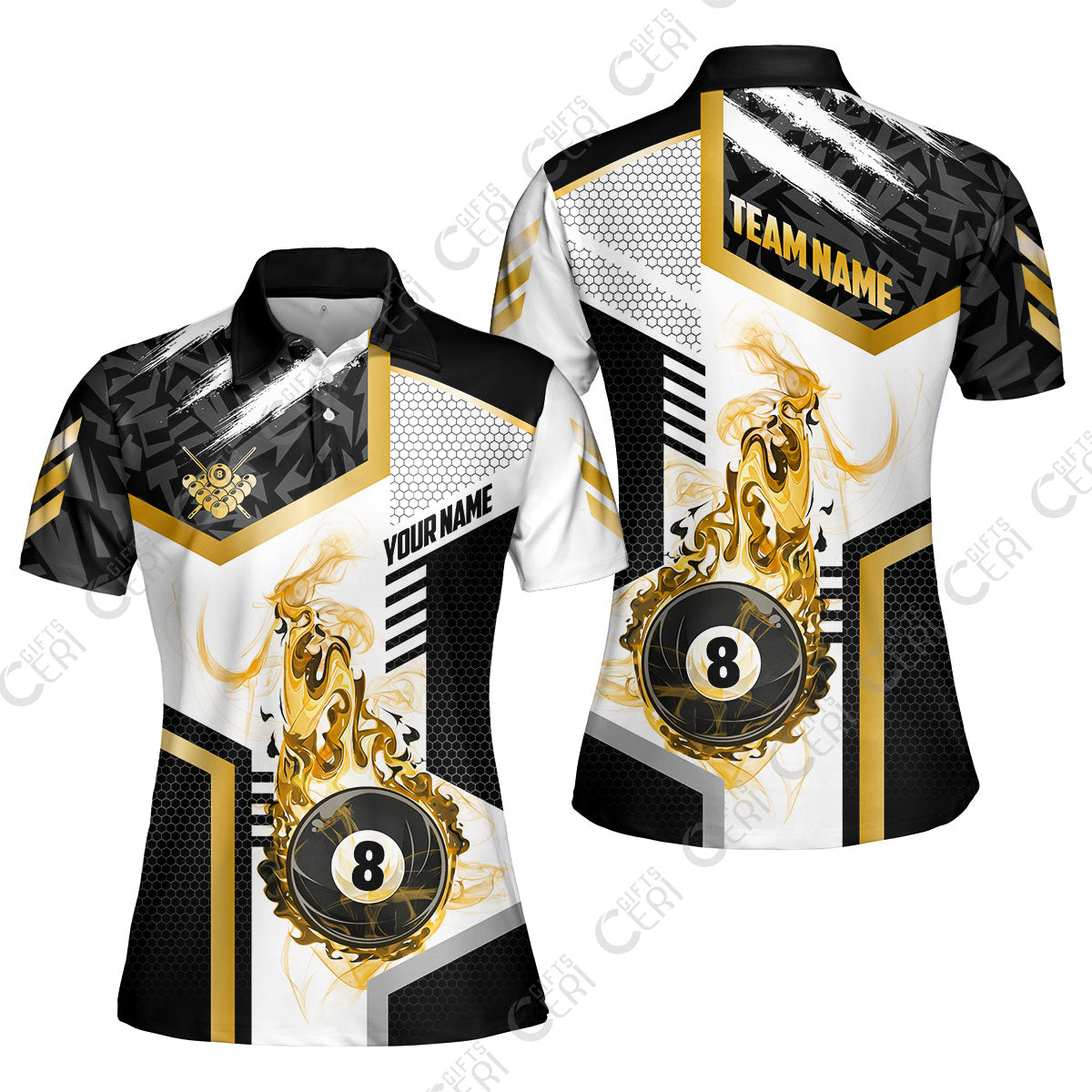 Customized Billiards Women Polo Shirt, Flaming 8-Ball Graphic, 8 Ball Pool Jersey