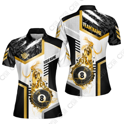 Customized Billiards Women Polo Shirt, Flaming 8-Ball Graphic, 8 Ball Pool Jersey