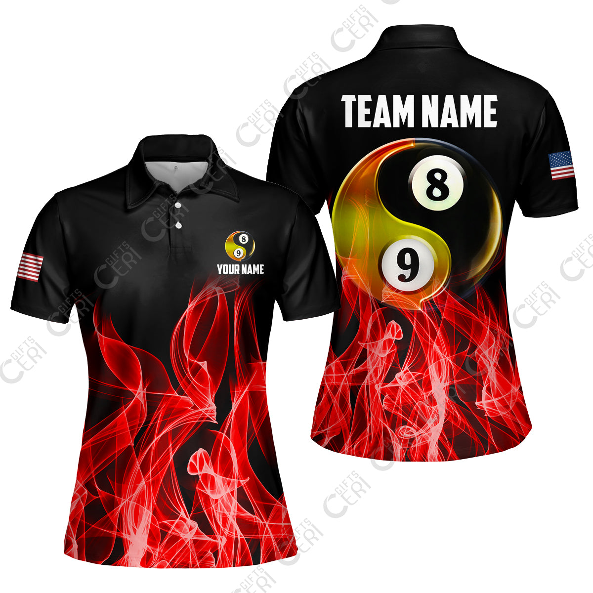 Customized Billiard Women Polo Shirt, Billiard 8-Ball And 9-Ball Yin-Yang Flame, Billiard Jerseys