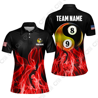 Customized Billiard Women Polo Shirt, Billiard 8-Ball And 9-Ball Yin-Yang Flame, Billiard Jerseys