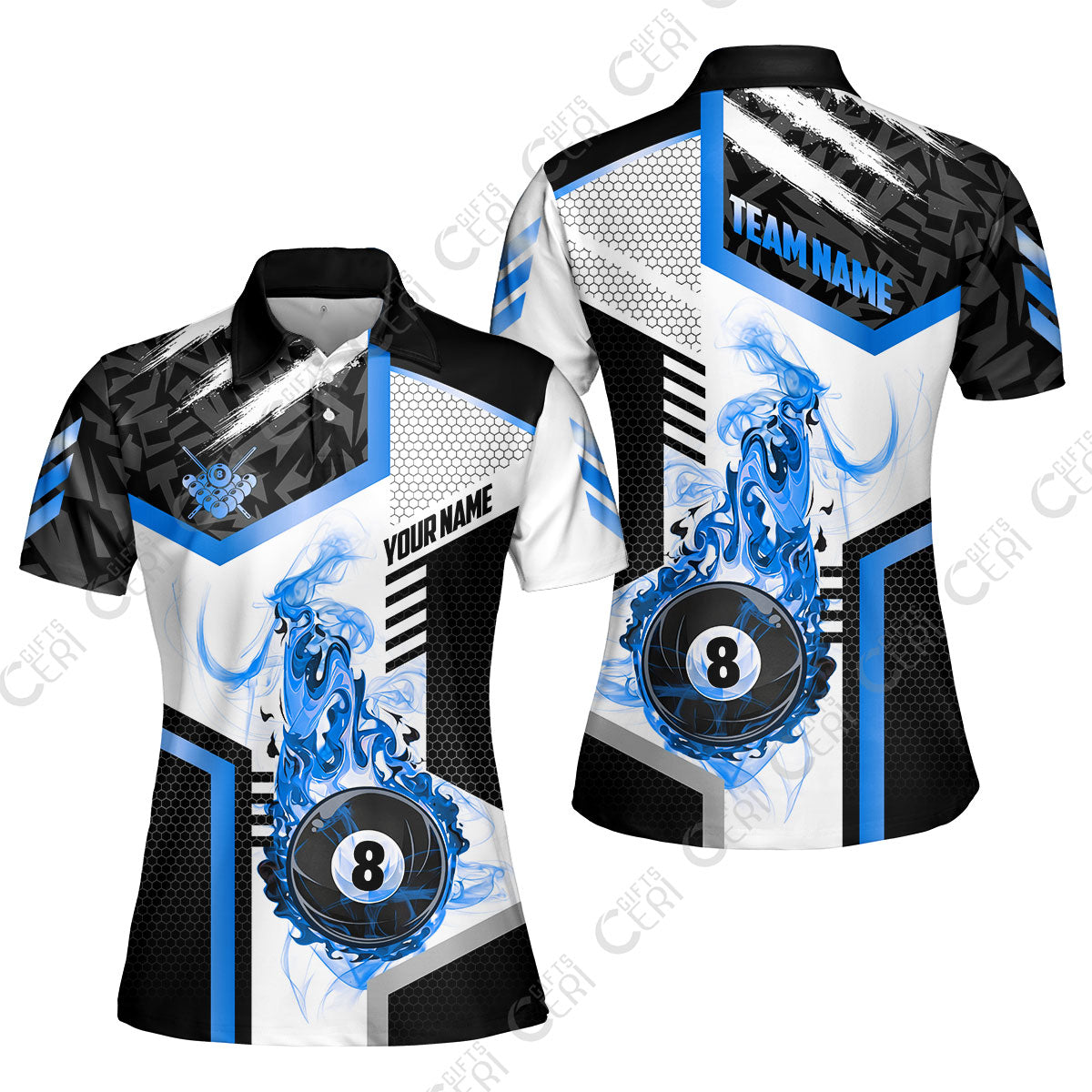 Customized Billiards Women Polo Shirt, Flaming 8-Ball Graphic, 8 Ball Pool Jersey