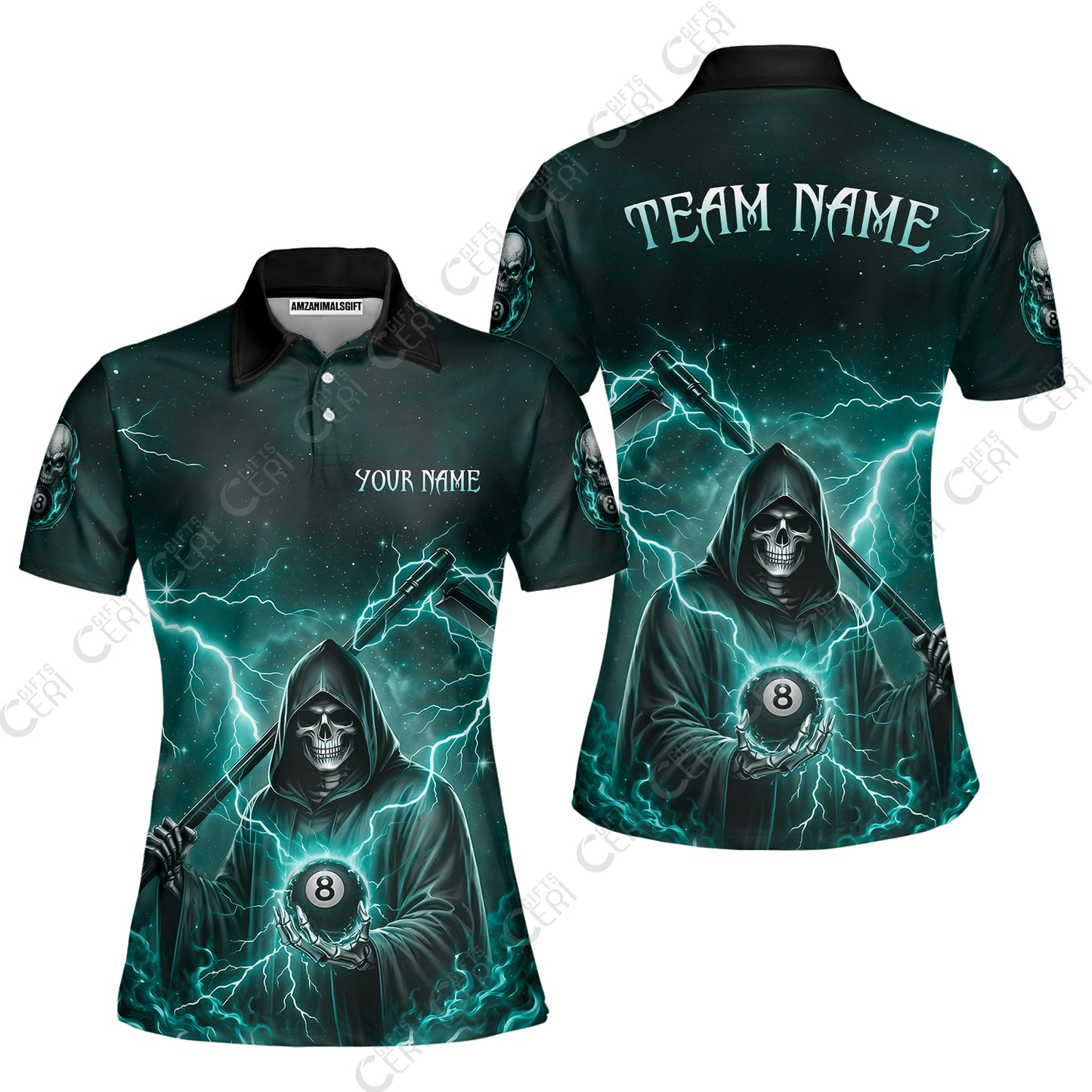 Customized 8 Ball Pool Women Polo Shirt, Lightning And Flame Grim Reaper With 8 Ball, Personalized Billiards Jersey