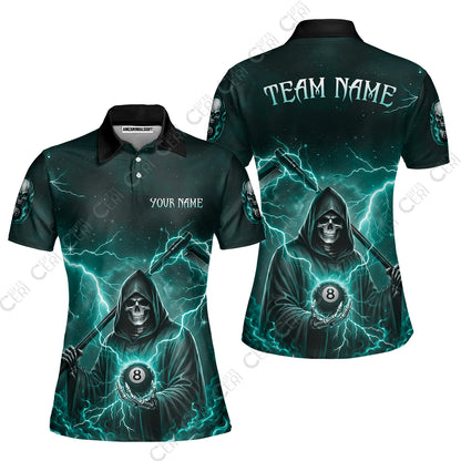 Customized 8 Ball Pool Women Polo Shirt, Lightning And Flame Grim Reaper With 8 Ball, Personalized Billiards Jersey