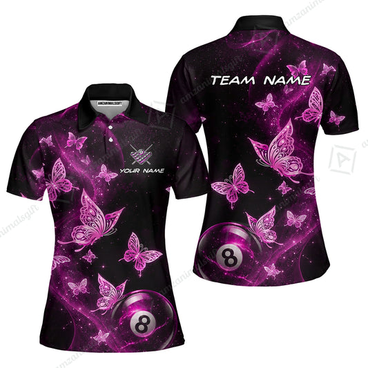 Customized 8 Ball Pool Women Polo Shirt, Galaxy And Butterflies, Personalized Billiards Jersey