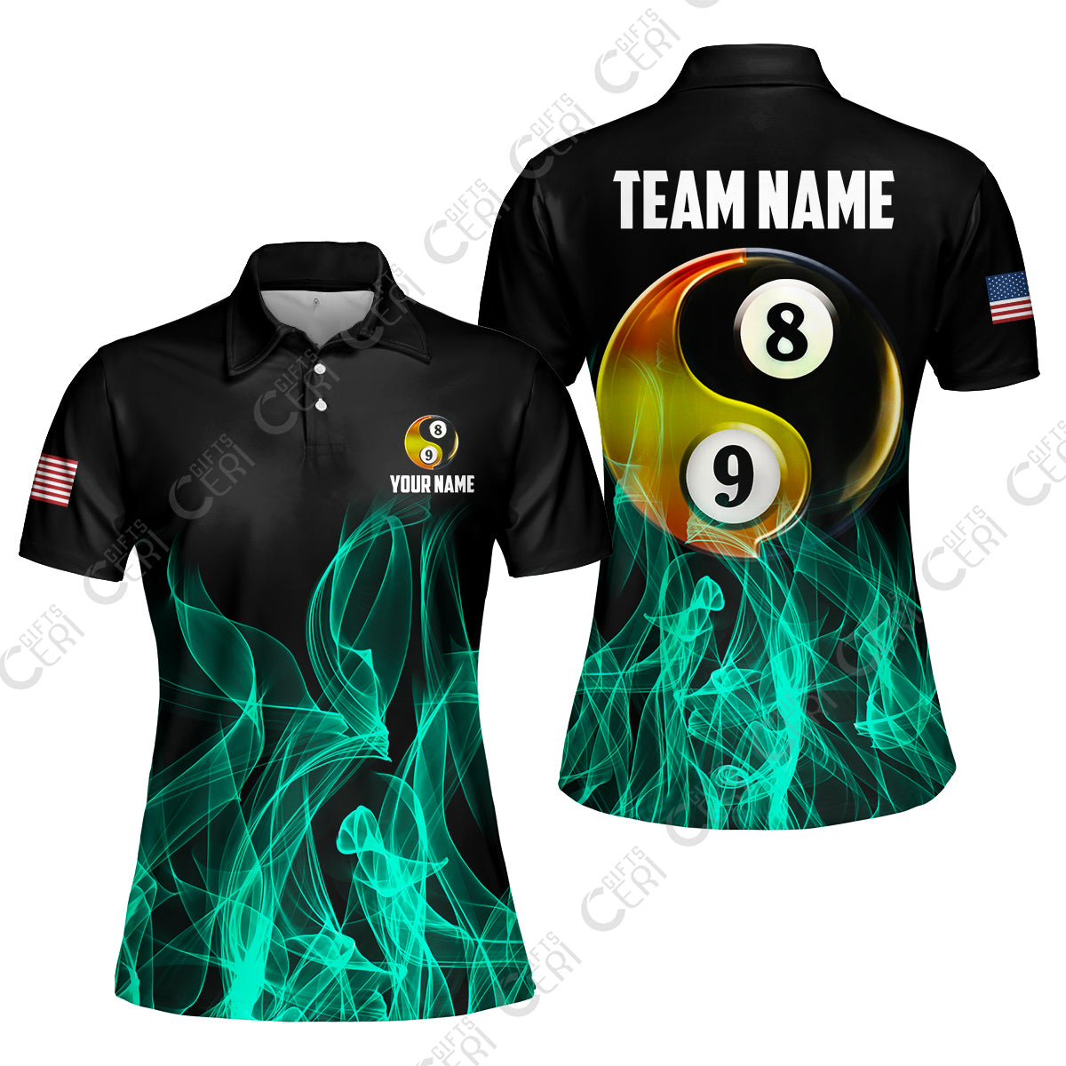 Customized Billiard Women Polo Shirt, Billiard 8-Ball And 9-Ball Yin-Yang Flame, Billiard Jerseys