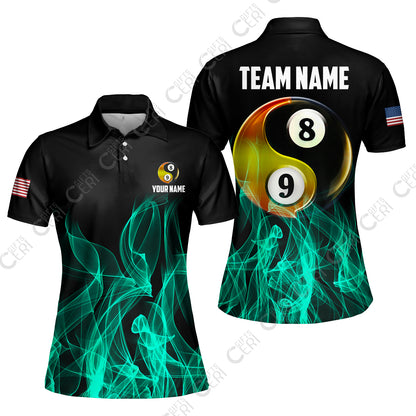 Customized Billiard Women Polo Shirt, Billiard 8-Ball And 9-Ball Yin-Yang Flame, Billiard Jerseys