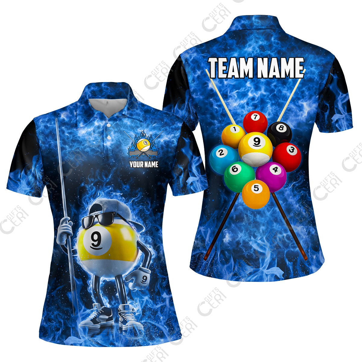 Customized 9 Ball Pool Women Polo Shirt, 9-Ball Wearing Cap And Sunglasses Flaming Burn, Billiard Jerseys