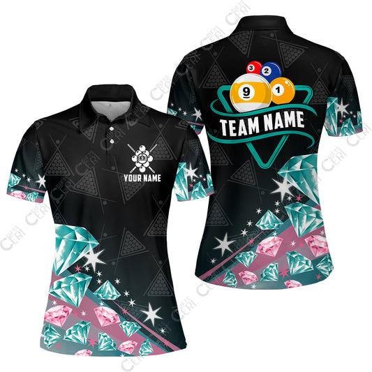 Customized 9 Ball Pool Women Polo Shirt, Diamonds Billiard 9-Ball, Personalized Billiards Jersey