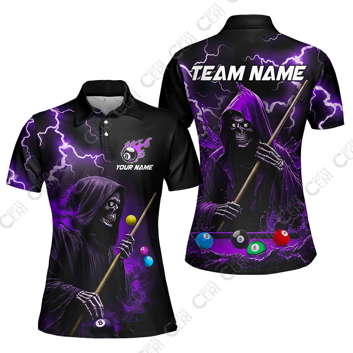 Customized 8 Ball Pool Women Polo Shirt, The Death Plays Billiards 8-Ball Flame, Billiards Jerseys