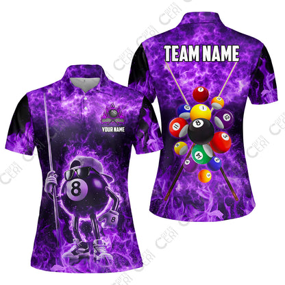 Customized 8 Ball Pool Women Polo Shirt, 8-Ball Wearing Cap And Sunglasses Flaming Burn, Billiard Jerseys