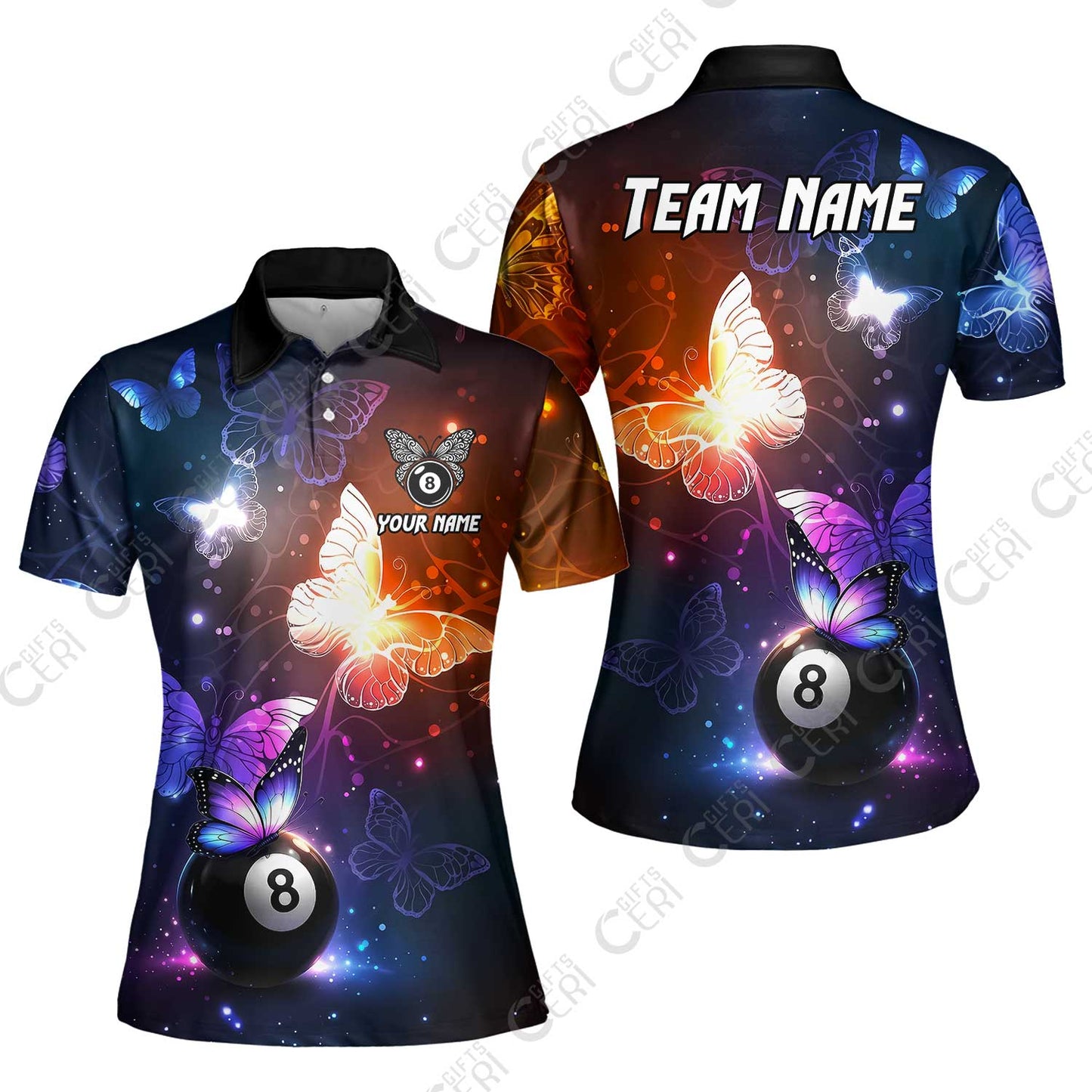 Customized 8 Ball Pool Women Polo Shirt, Billiard Butterfly Sparkle 8-Ball, Personalized Billiards Jersey