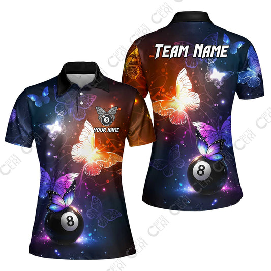 Customized 8 Ball Pool Women Polo Shirt, Billiard Butterfly Sparkle 8-Ball, Personalized Billiards Jersey