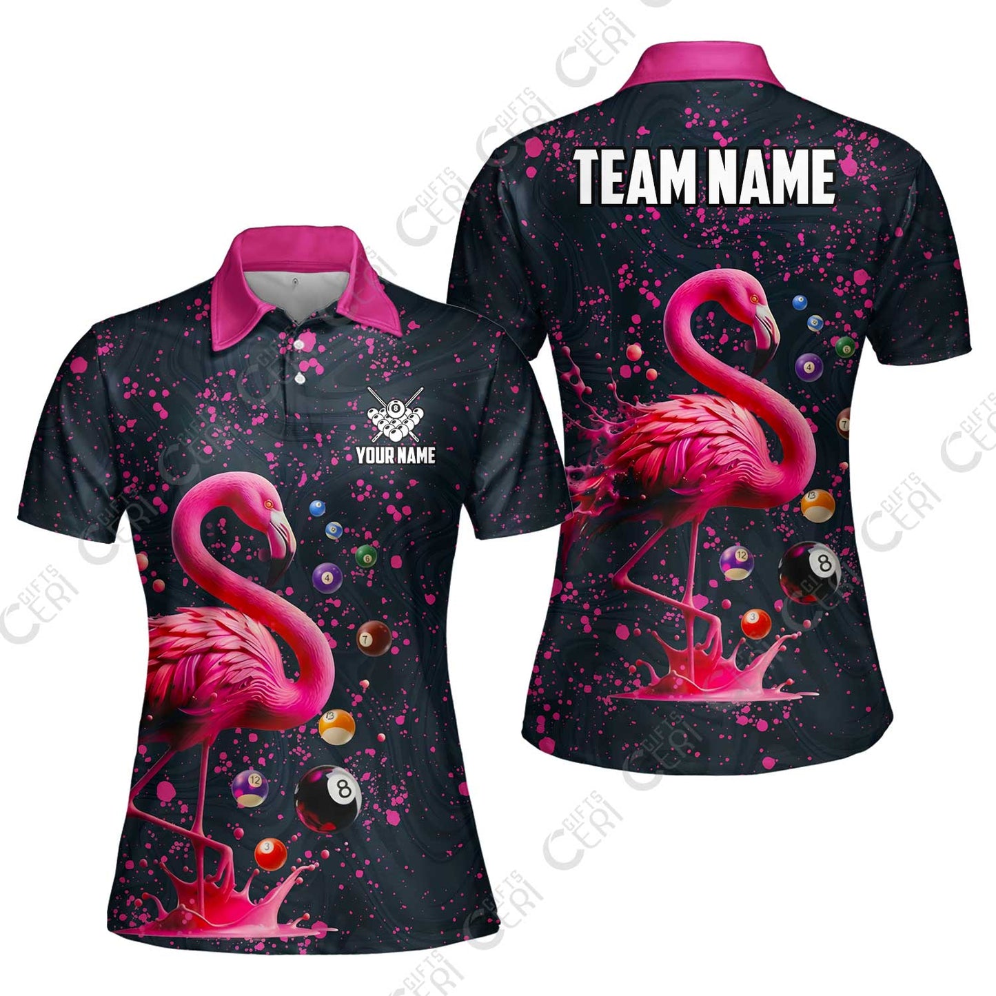Customized 8 Ball Pool Women Polo Shirt, Flamingo Pink Splat Billiard, Personalized Billiards Jersey