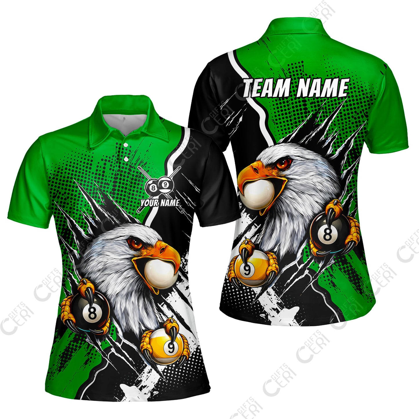 Customized Billiards Women Polo Shirt, 8 & 9 Ball Billiard Eagle Comic Dot Halftone Background Color, Billiards Jerseys