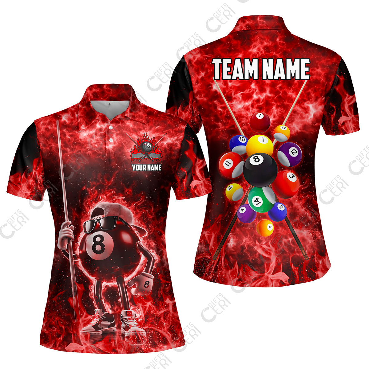 Customized 8 Ball Pool Women Polo Shirt, 8-Ball Wearing Cap And Sunglasses Flaming Burn, Billiard Jerseys