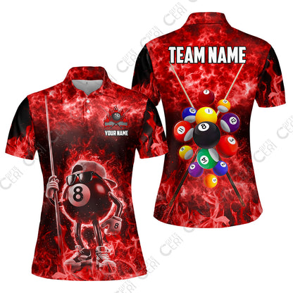 Customized 8 Ball Pool Women Polo Shirt, 8-Ball Wearing Cap And Sunglasses Flaming Burn, Billiard Jerseys