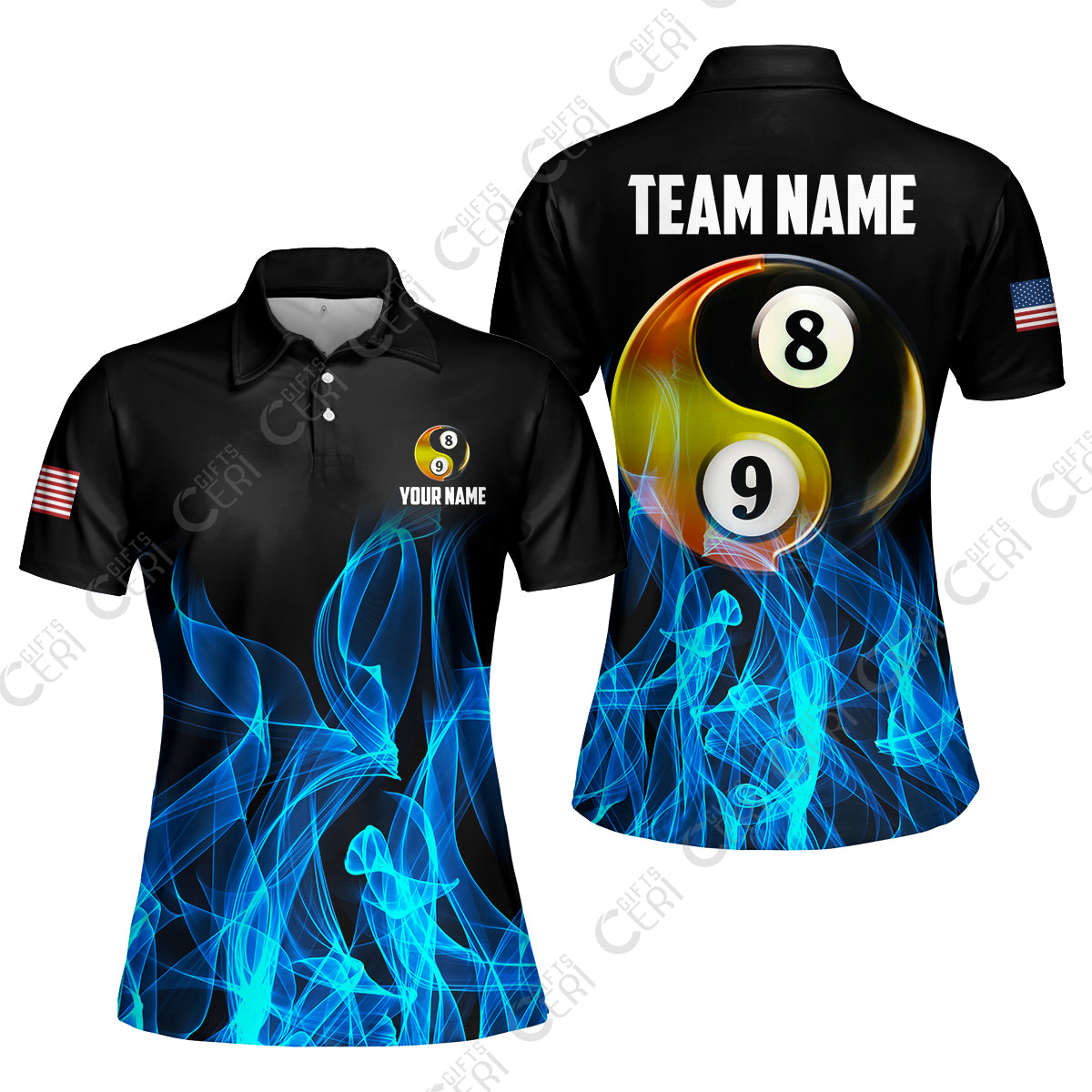Customized Billiard Women Polo Shirt, Billiard 8-Ball And 9-Ball Yin-Yang Flame, Billiard Jerseys