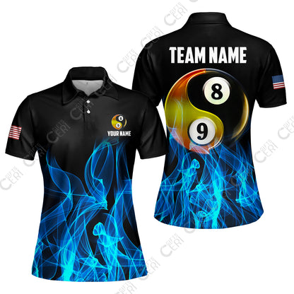 Customized Billiard Women Polo Shirt, Billiard 8-Ball And 9-Ball Yin-Yang Flame, Billiard Jerseys
