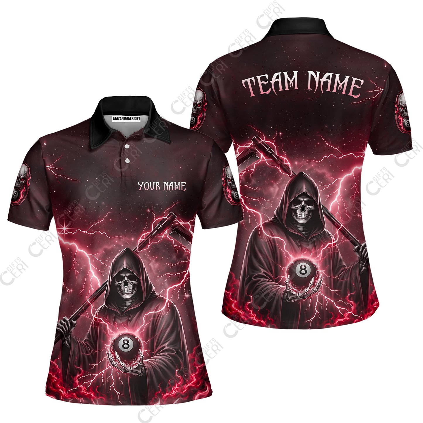 Customized 8 Ball Pool Women Polo Shirt, Lightning And Flame Grim Reaper With 8 Ball, Personalized Billiards Jersey