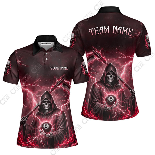 Customized 8 Ball Pool Women Polo Shirt, Lightning And Flame Grim Reaper With 8 Ball, Personalized Billiards Jersey