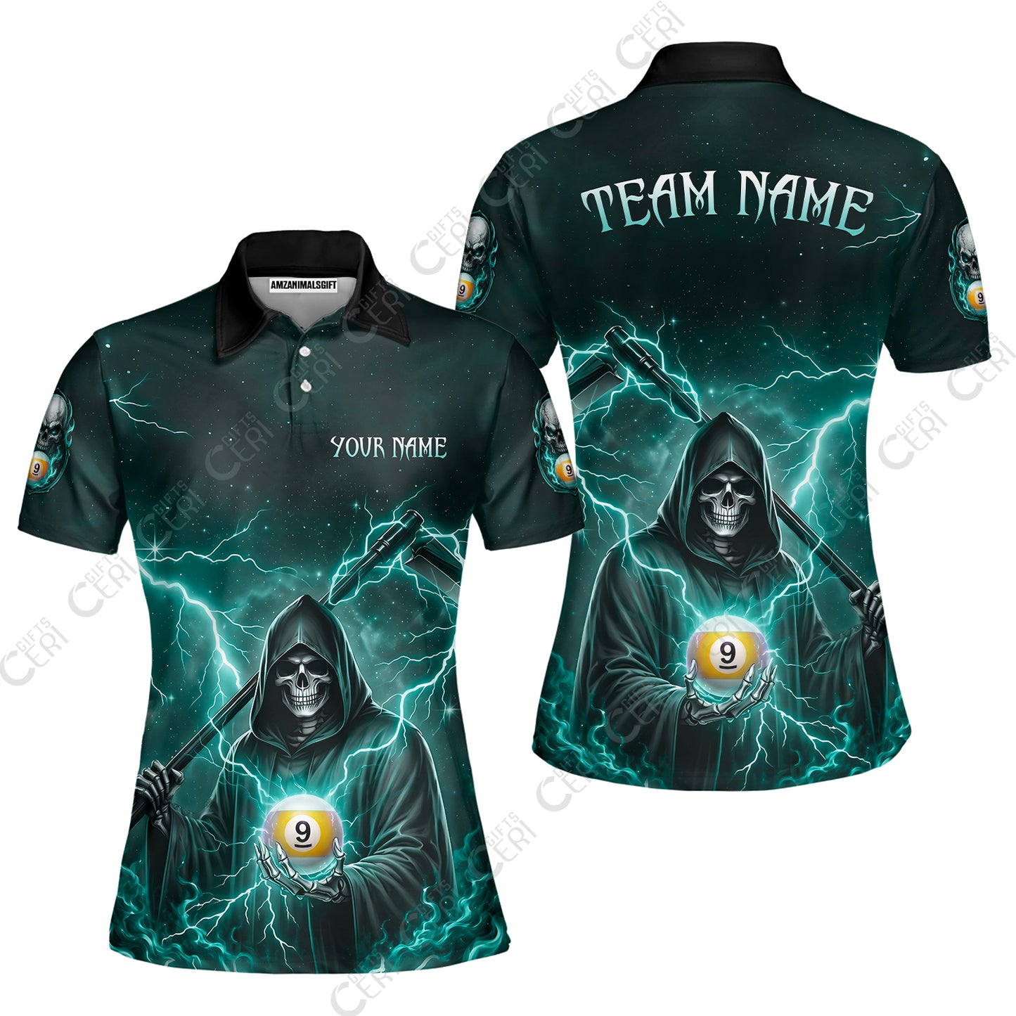 Customized 9 Ball Pool Women Polo Shirt, Lightning And Flame Grim Reaper With 9 Ball, Personalized Billiards Jersey