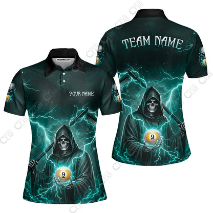 Customized 9 Ball Pool Women Polo Shirt, Lightning And Flame Grim Reaper With 9 Ball, Personalized Billiards Jersey