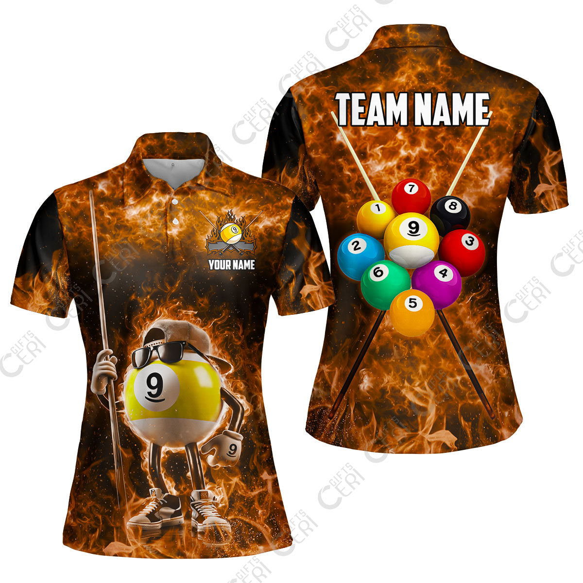 Customized 9 Ball Pool Women Polo Shirt, 9-Ball Wearing Cap And Sunglasses Flaming Burn, Billiard Jerseys