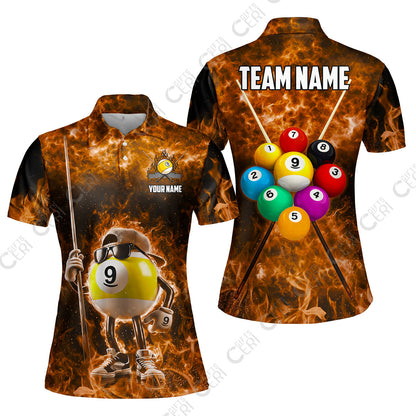 Customized 9 Ball Pool Women Polo Shirt, 9-Ball Wearing Cap And Sunglasses Flaming Burn, Billiard Jerseys