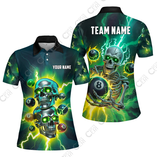 Customized 8 Ball Pool Women Polo Shirt, Billiards 8-Ball Thunder Skull, Billiards Jerseys