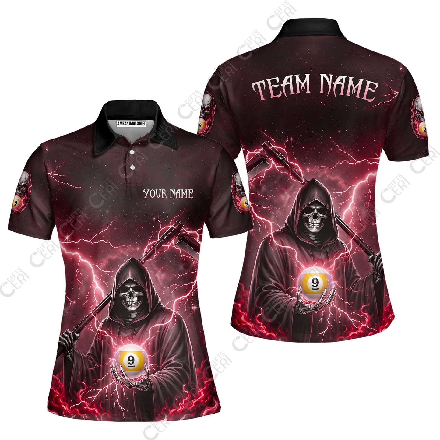 Customized 9 Ball Pool Women Polo Shirt, Lightning And Flame Grim Reaper With 9 Ball, Personalized Billiards Jersey