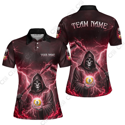 Customized 9 Ball Pool Women Polo Shirt, Lightning And Flame Grim Reaper With 9 Ball, Personalized Billiards Jersey