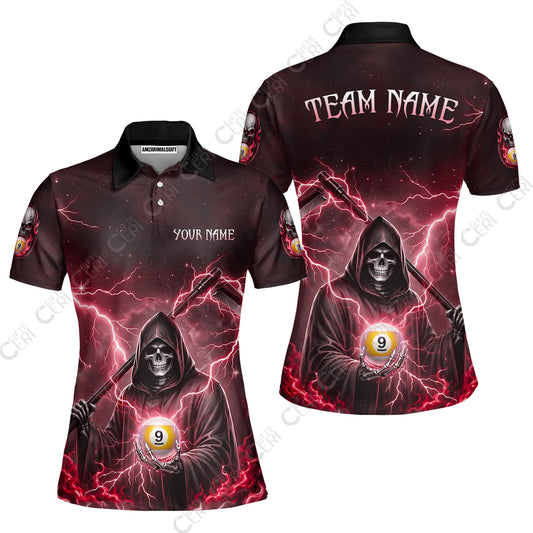 Customized 9 Ball Pool Women Polo Shirt, Lightning And Flame Grim Reaper With 9 Ball, Personalized Billiards Jersey