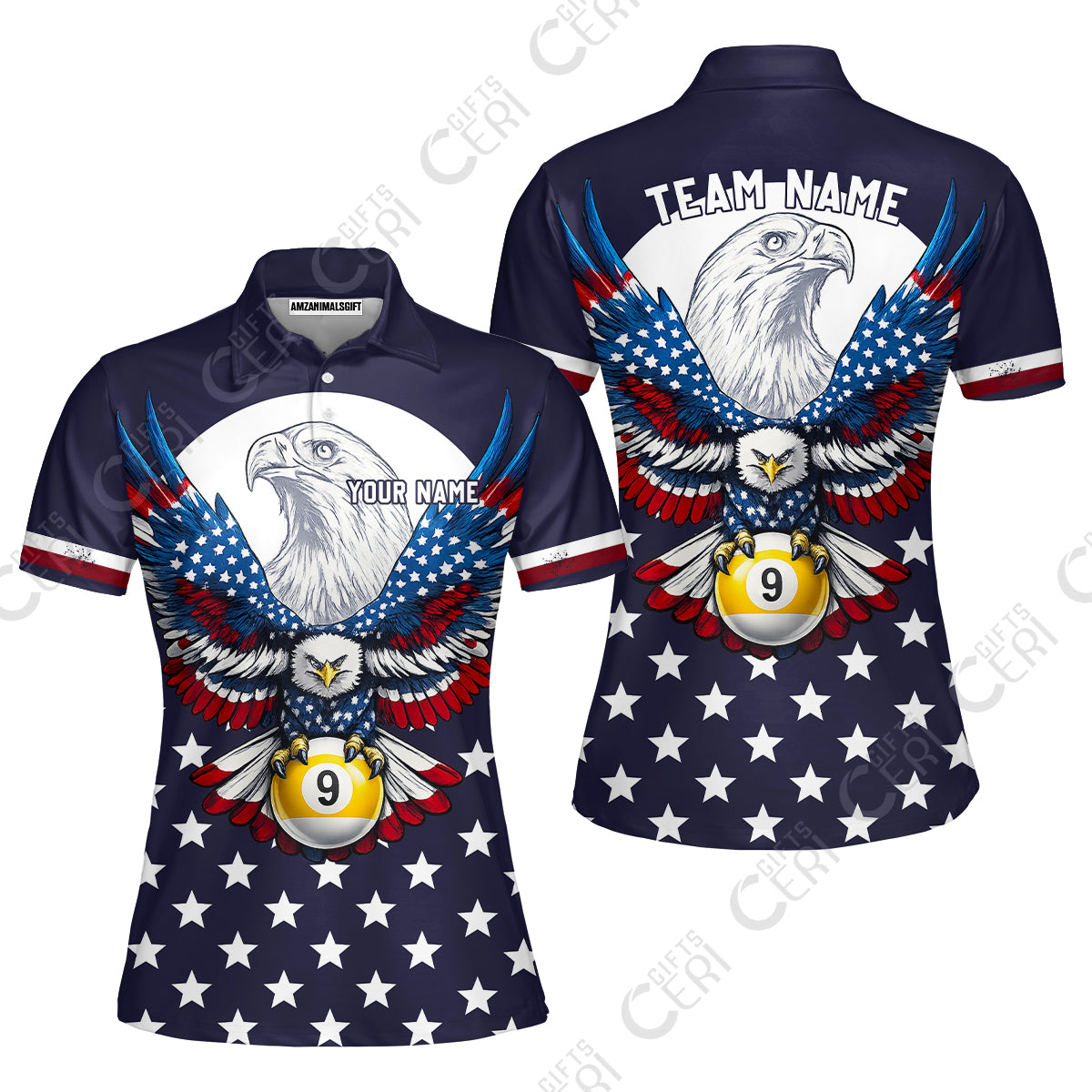 Customized 9 Ball Pool Women Polo Shirt, American Eagle Billiards 9-Ball, Personalized Billiards Jersey