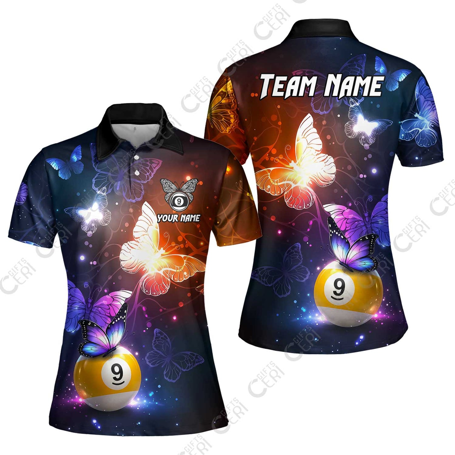 Customized 9 Ball Pool Women Polo Shirt, Brush Paint Billiard Butterfly Sparkle 9-Ball, Personalized Billiards Jersey