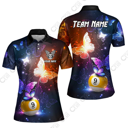 Customized 9 Ball Pool Women Polo Shirt, Brush Paint Billiard Butterfly Sparkle 9-Ball, Personalized Billiards Jersey