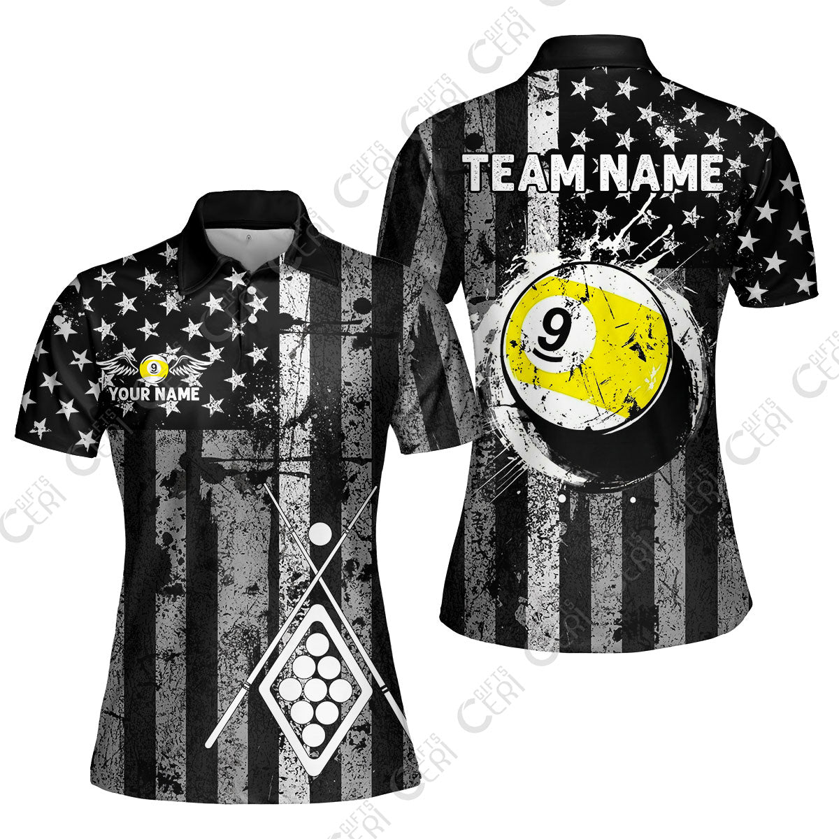 Customized 9 Ball Pool Women Polo Shirt, Distressed American Flag Pattern, Billiards Jerseys