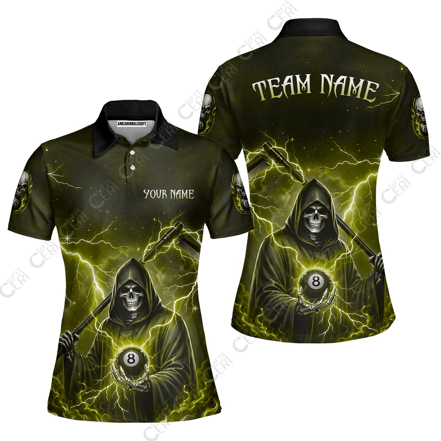 Customized 8 Ball Pool Women Polo Shirt, Lightning And Flame Grim Reaper With 8 Ball, Personalized Billiards Jersey