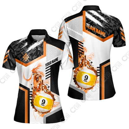 Customized 9 Ball Pool Women Polo Shirt, Flaming 9-Ball Graphic, Billiards Jersey