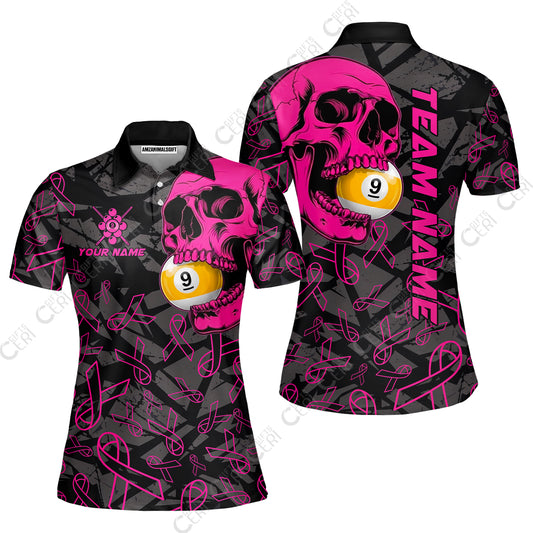 Customized 9 Ball Pool Women Polo Shirt, Billiard Pink Skull 9-Ball, Personalized Billiards Jersey