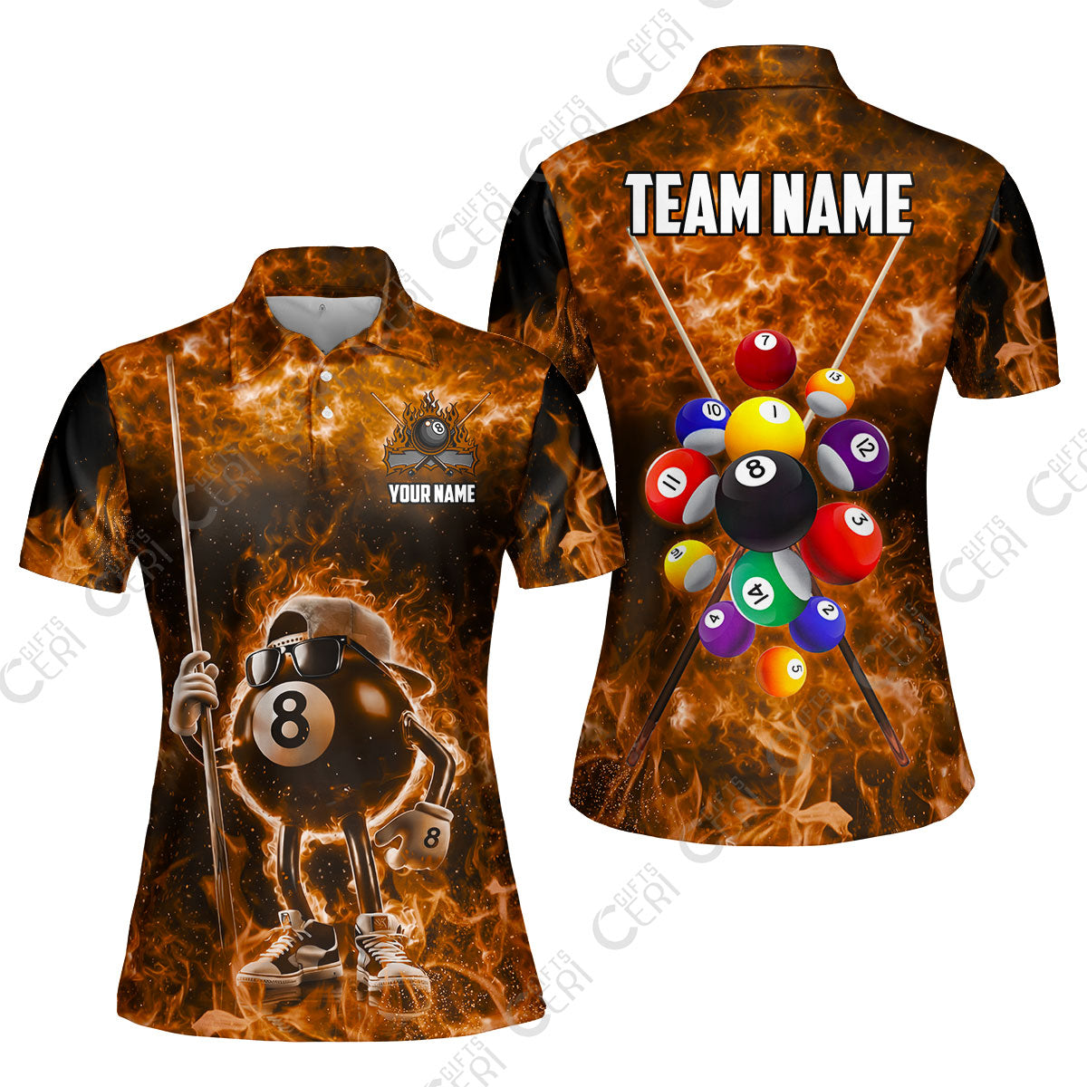 Customized 8 Ball Pool Women Polo Shirt, 8-Ball Wearing Cap And Sunglasses Flaming Burn, Billiard Jerseys