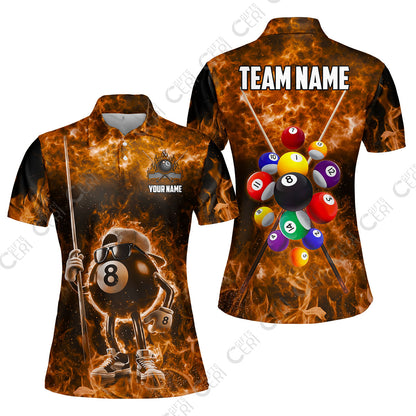 Customized 8 Ball Pool Women Polo Shirt, 8-Ball Wearing Cap And Sunglasses Flaming Burn, Billiard Jerseys