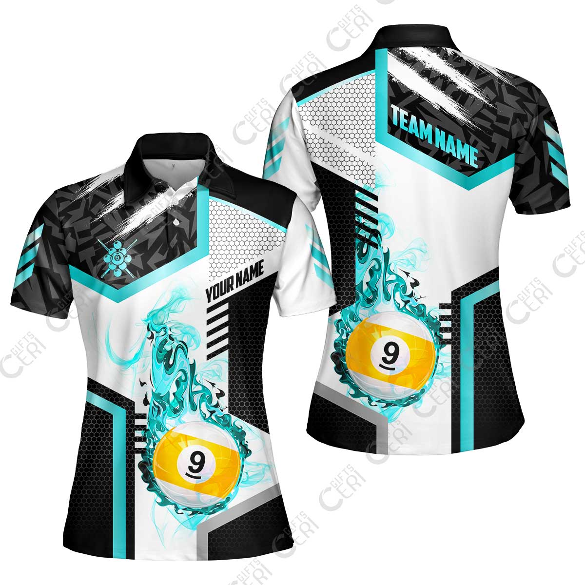 Customized 9 Ball Pool Women Polo Shirt, Flaming 9-Ball Graphic, Billiards Jersey